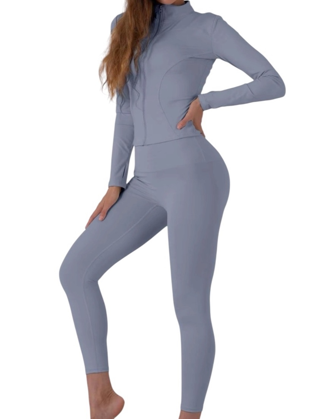 Light Blue Two-Piece Active Set - Zip Jacket & Leggings